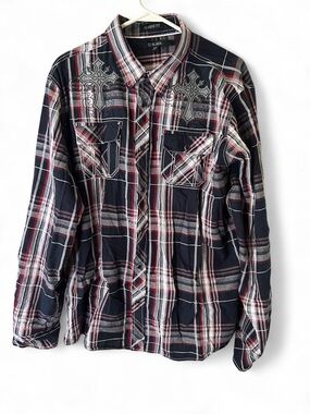 Men’s Plaid Cross Long Sleeve Button Down Flannel Grunge XL